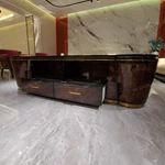 Luxury TV Stand with Curved End Panels, Natural Wood Veneer Finish and Stainless Steel Accent Details